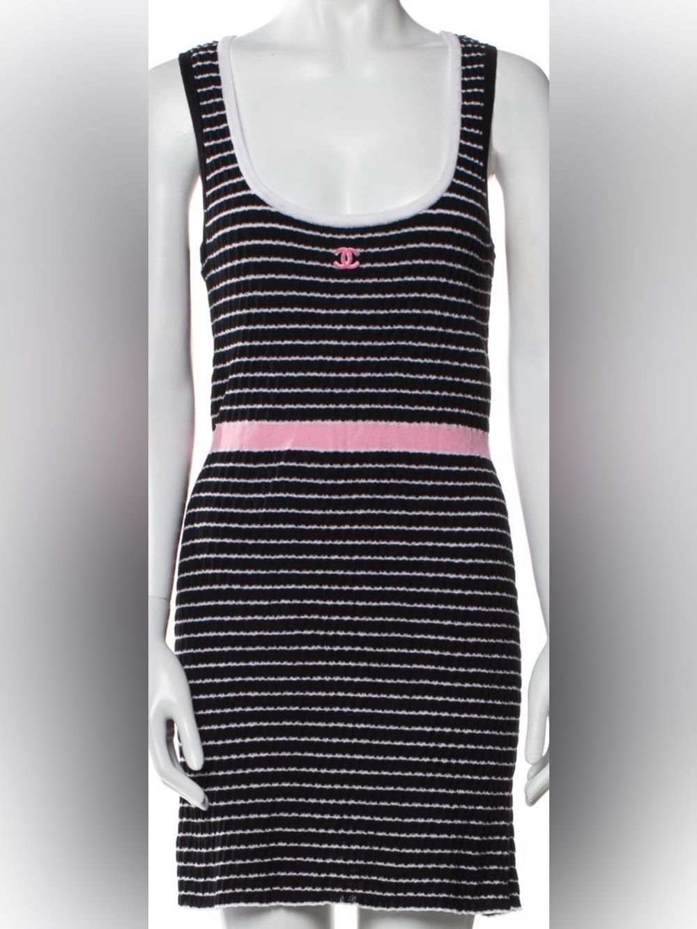 Authentic CHANEL Black & White Striped Knit Dress with Pink Waist Detail
